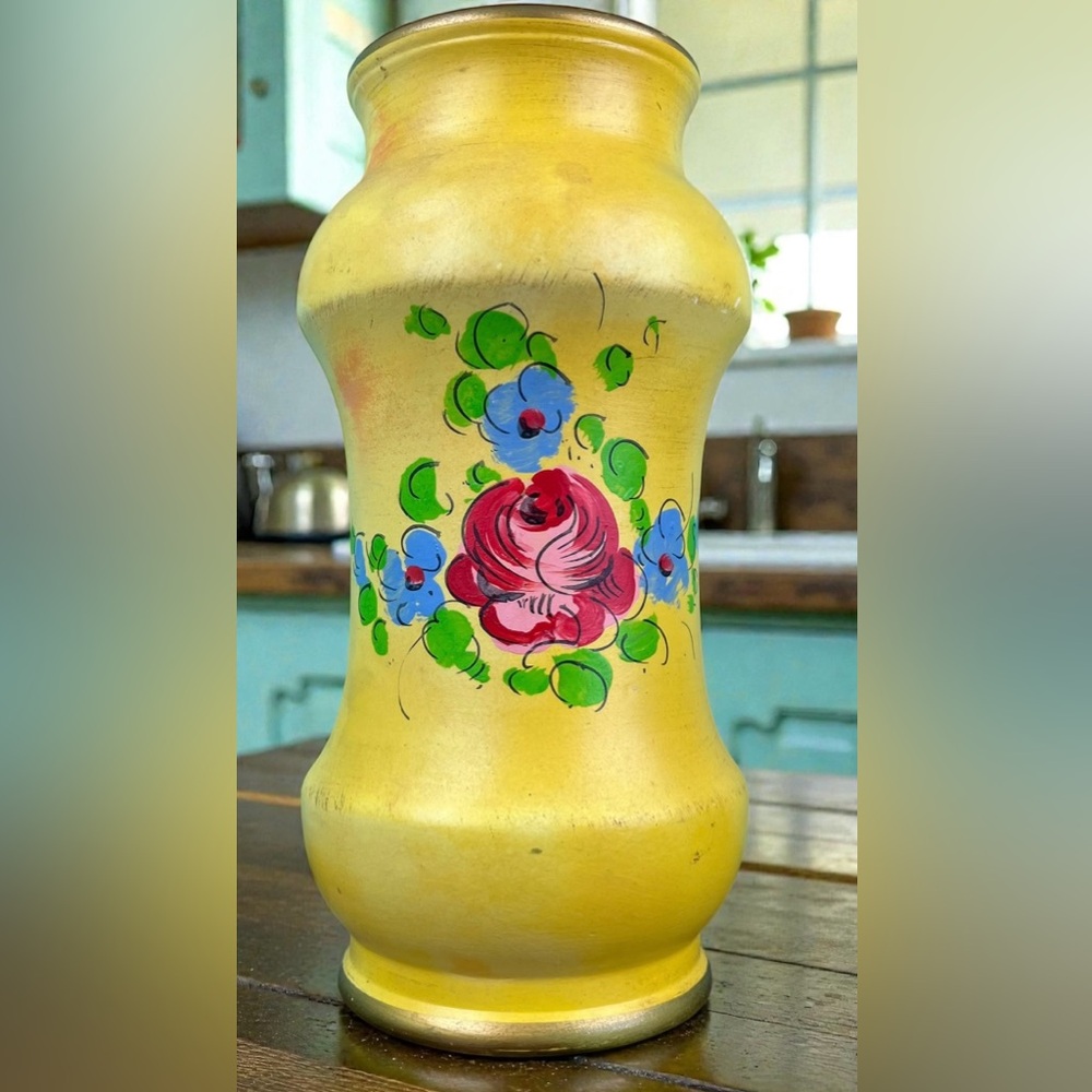 Italian Art Pottery Vase Hand Painted Yellow Floral Gold Matte Mid Century